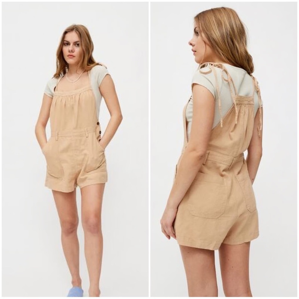 Urban Outfitters Ivy Tie-Shoulder Linen Shortalls Tan XS